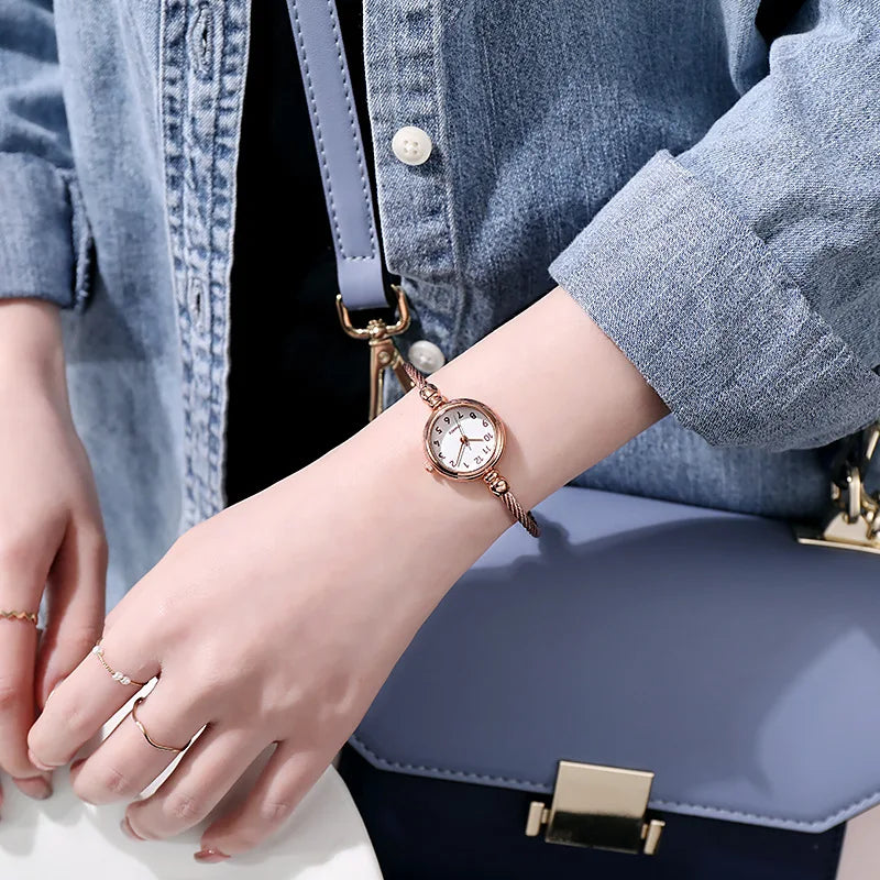 YIKAZE Small Gold Bangle Bracelet Luxury Watch Stainless Steel Retro Ladies Quartz Wristwatch Fashion Casual Thin Chain Watches