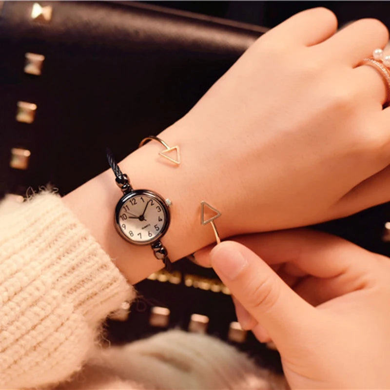 YIKAZE Small Gold Bangle Bracelet Luxury Watch Stainless Steel Retro Ladies Quartz Wristwatch Fashion Casual Thin Chain Watches