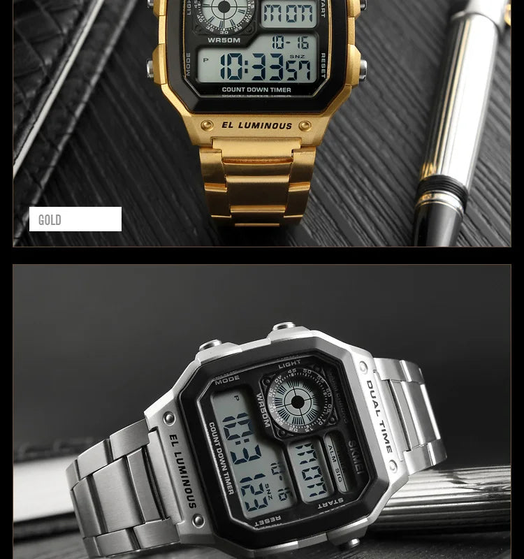 SKMEI 1335 Digital Watch for Men Retro Sports Waterproof Chrono Electronic Mens Wristwatches Stainless Steel Clock Reloj Hombre