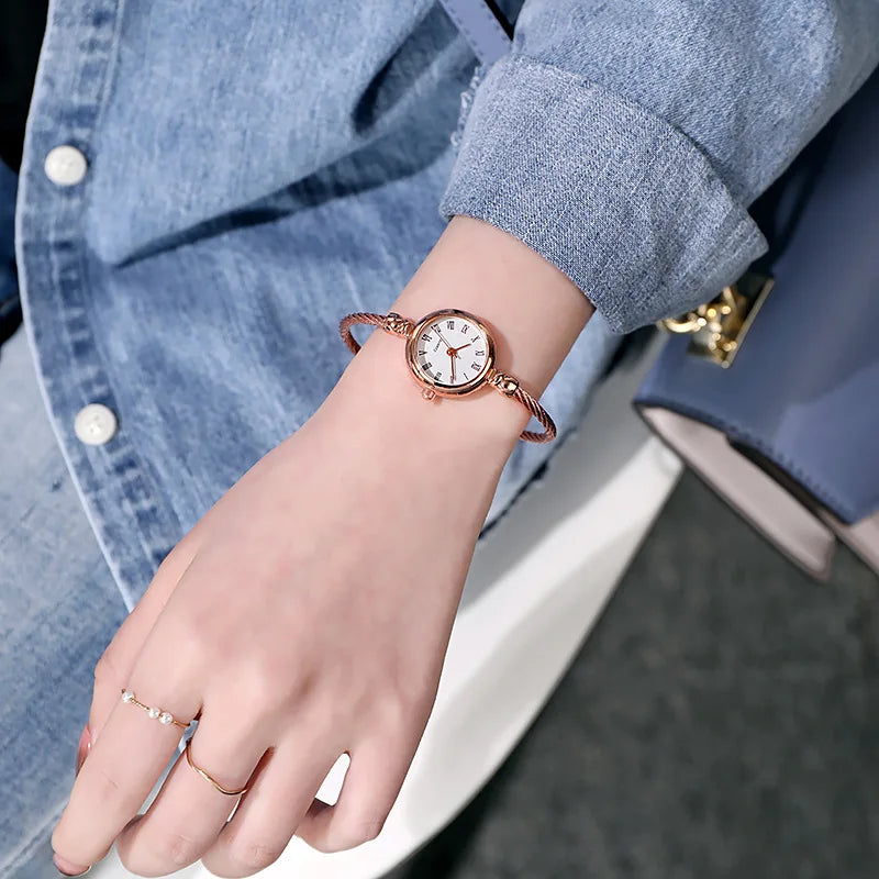 YIKAZE Small Gold Bangle Bracelet Luxury Watch Stainless Steel Retro Ladies Quartz Wristwatch Fashion Casual Thin Chain Watches