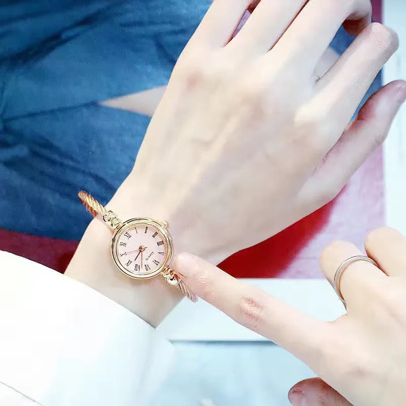 YIKAZE Small Gold Bangle Bracelet Luxury Watch Stainless Steel Retro Ladies Quartz Wristwatch Fashion Casual Thin Chain Watches